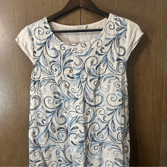 Lungo L’Arno Cream Linen Blue Paisley Swirl Midi Dress Size Medium Boho - Picture 3 of 11